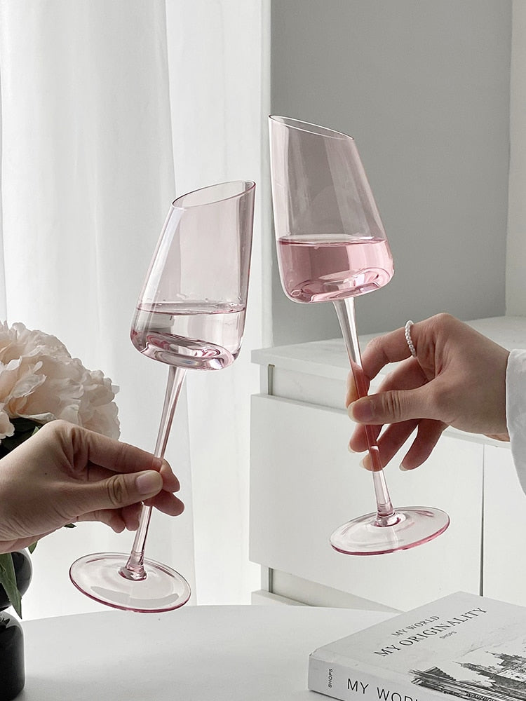 High Value Champagne Glasses Red Wine Glasses Home Crystal Glass Pink Angled Goblet