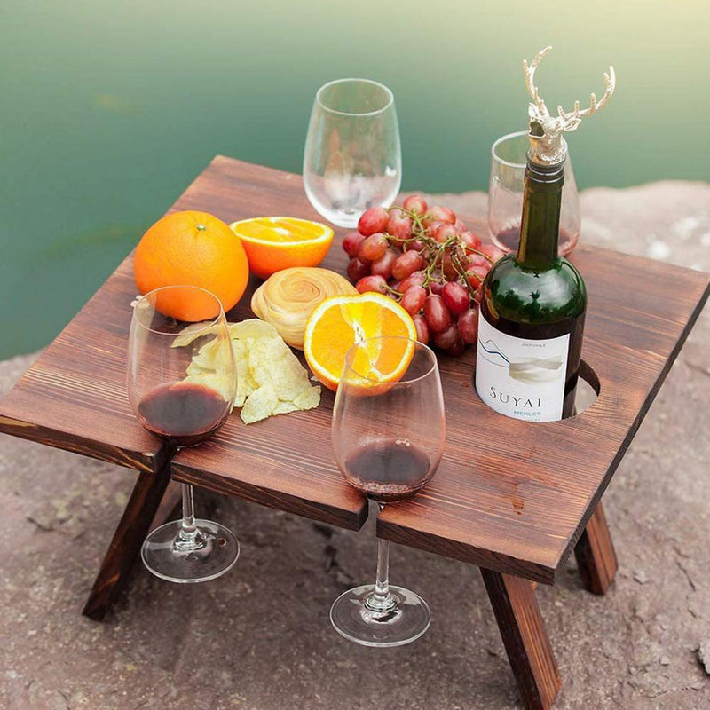 Portable Wooden Picnic Table Carry Handle Outdoor Folding Wine Table