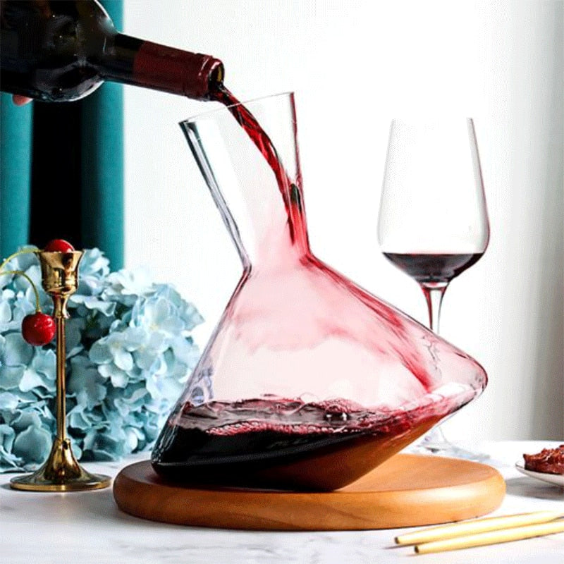 2000ML Creative Tumbler Wine Decanter with Wood Tray Hand Blown Crystal Wine