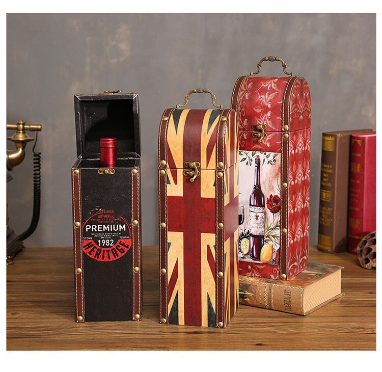 Vintage leather red wine box single wooden high-end gift package wooden box