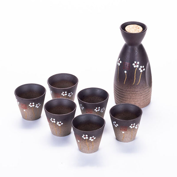 Vintage Ceramic Sake Pot Cup Set Japanese Cherry Blossom Hip Flasks White Wine Spirits